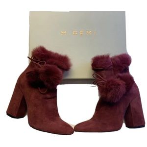 M. Gemi Maroon suede fur lined heeled bootie-pompom ties-36.5/US 6-worn once